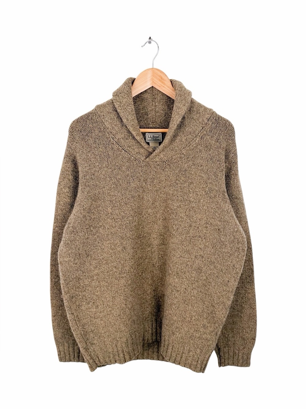 L.L. Bean Men’s Medium Lambswool Shawl Collar Sweater Textured Brown Elbow Patch - Picture 1 of 10